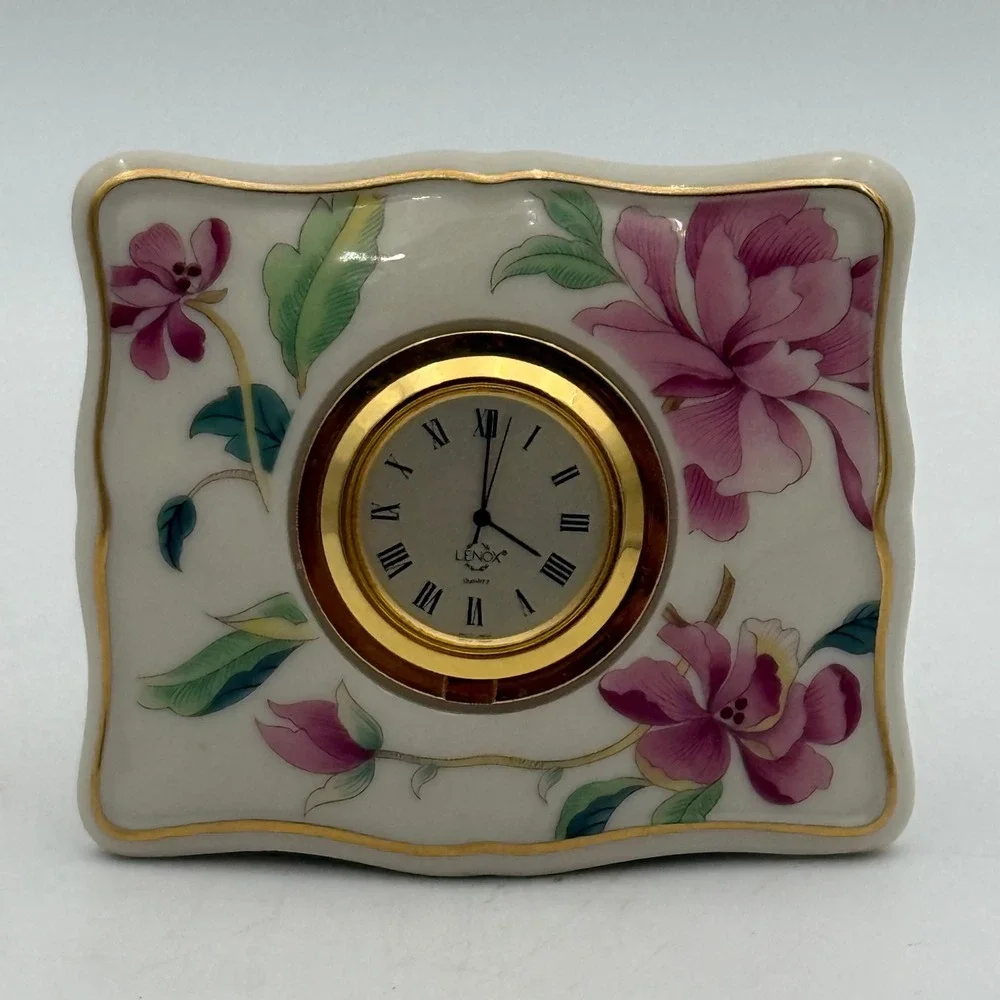 Lenox Floral Porcelain Desk Clock Gold Trim Roman Numeral Peony Pink White